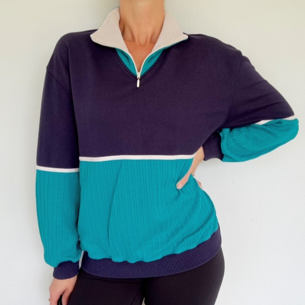 Vintage blast teal blue quarter zip pullover style cotton sweatshirt size large